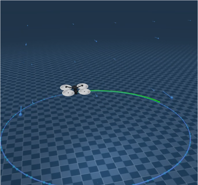 Quadrotor in MuJoCo tracking a circular reference trajectory under a visualized wind field